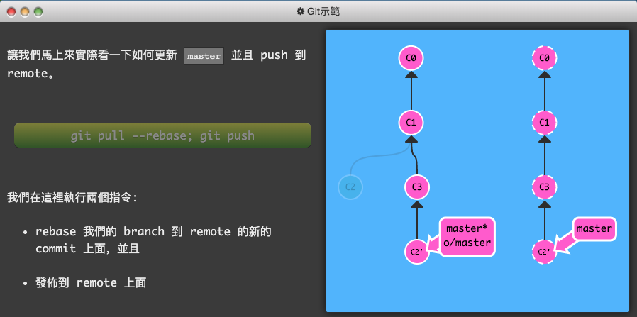 Git 練習遊戲_learngitbranching-7-關於 origin 和其它 repo，git remote 的進階指令-1-push master！-2