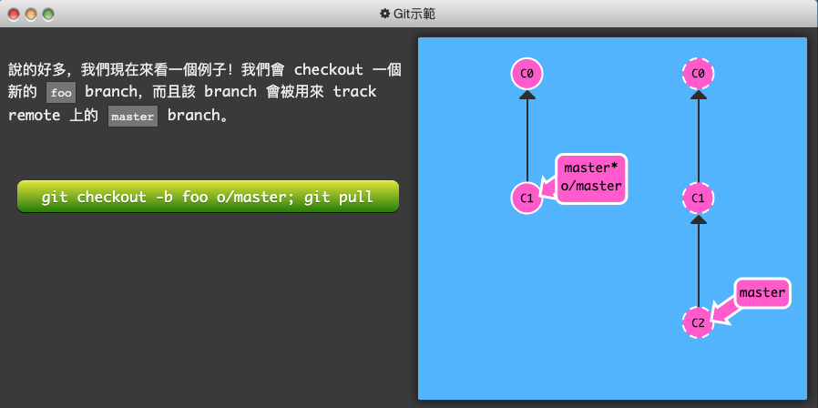 Git 練習遊戲_learngitbranching-7-關於 origin 和其它 repo，git remote 的進階指令-3-remote tracking-1