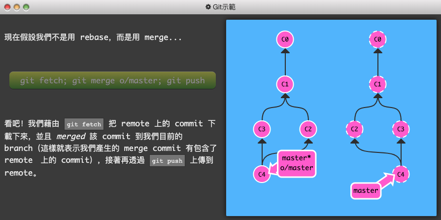 Git 練習遊戲_learngitbranching-6-Push & Pull — Git Remotes!-7-diverged history-4